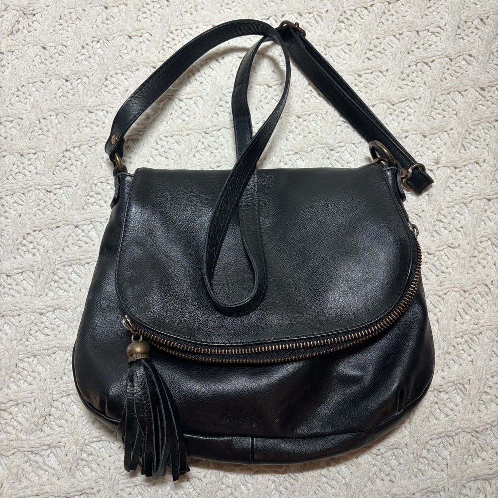 Vero Pelle Italian Made Leather Handbag Black Solid Tassel Flap Crossbody Purse - Picture 7 of 12
